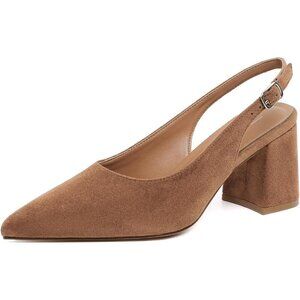 Women's Brown 5 Pointed Closed Toe Slingback Chunky Heels Office Work Pump Shoes